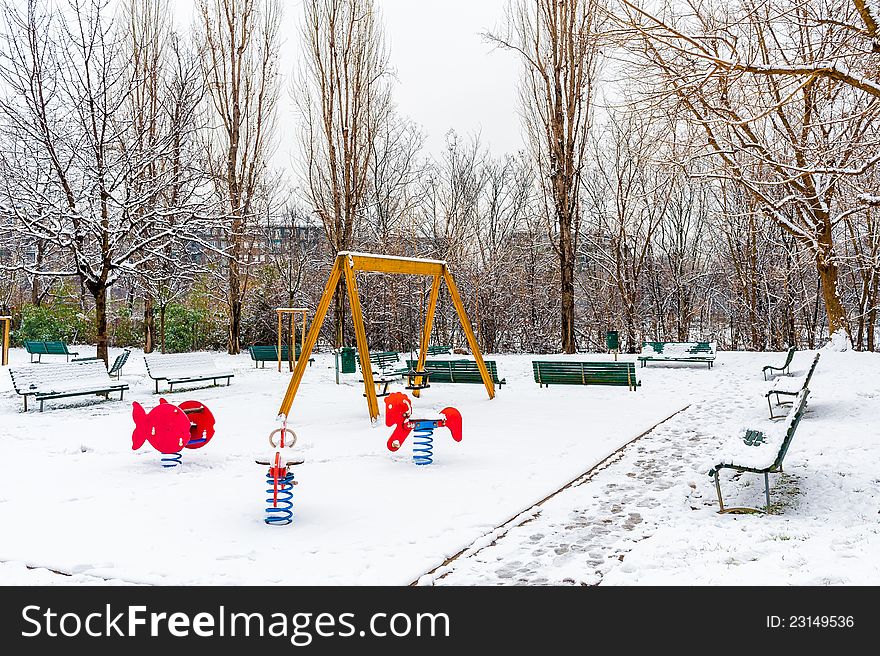 Outdoor playground on a snowy day