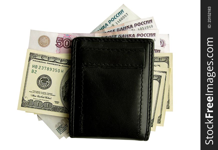 Black purse with money. Isolated close-up