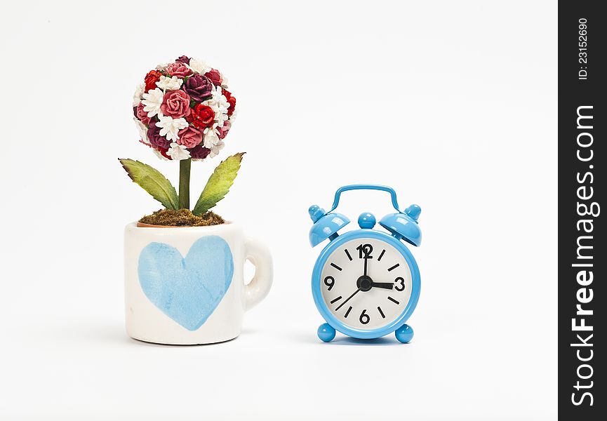 Blue alarm clock with cup of rose flower isolated on white background