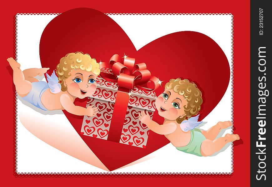 Valentine greeting card with hearts and cupids. Valentine greeting card with hearts and cupids