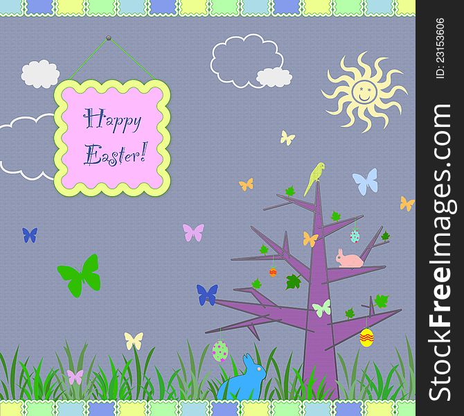 Easter greeting card with tree, rabbits and eggs