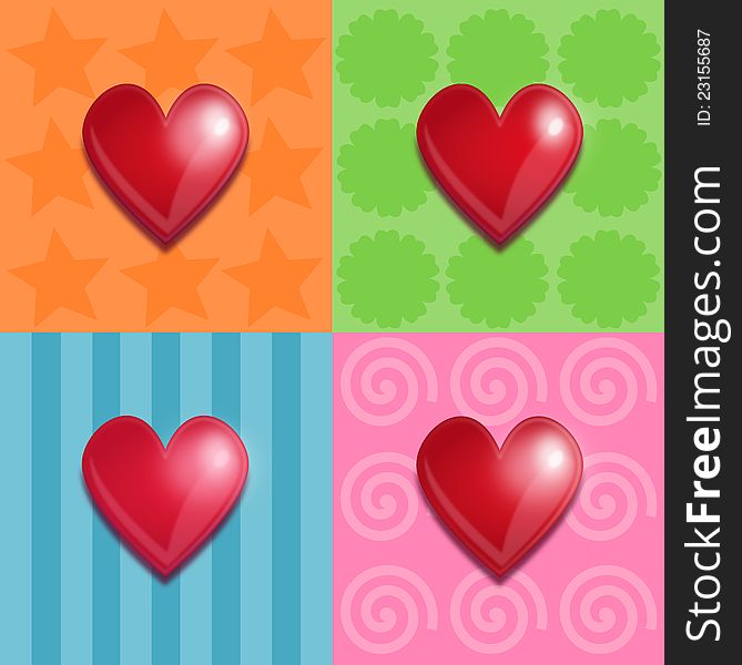 Shiny red hearts on a colourful background. Shiny red hearts on a colourful background