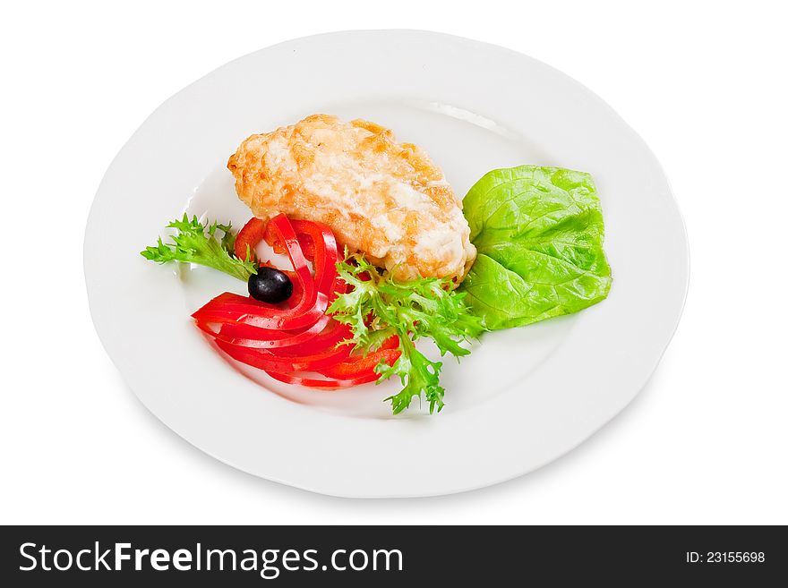 Dish, fried chicken fillet with bell pepper on white plate  on white