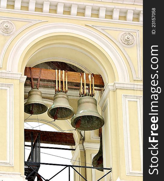 Three bells in the belfry in anticipation of service. Three bells in the belfry in anticipation of service