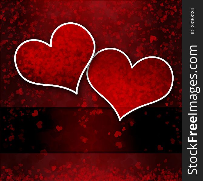 Red background with two hearts. Place for the text. Red background with two hearts. Place for the text