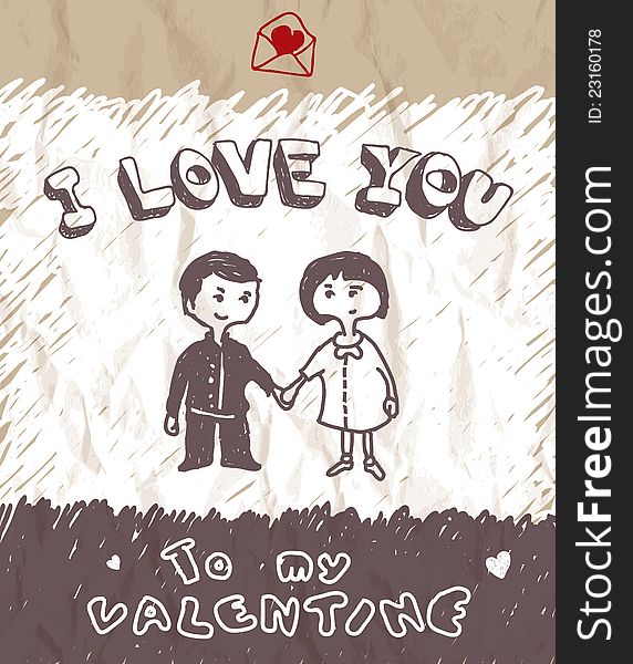 Hand drawn llustration with a two cute children in love. Hand drawn llustration with a two cute children in love