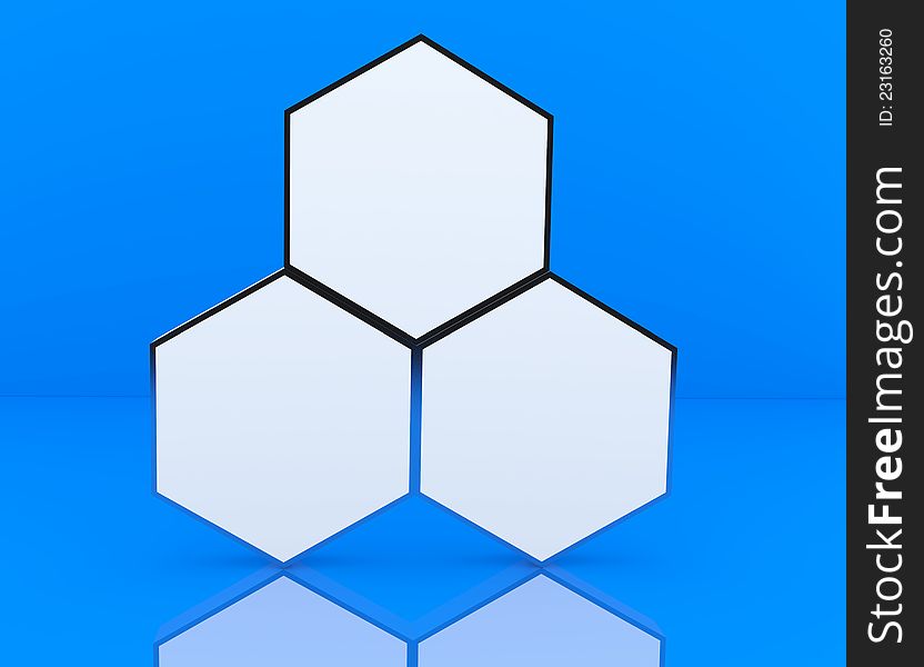 Three blank hexagon box display new design aluminum frame template for design work, on blue background.