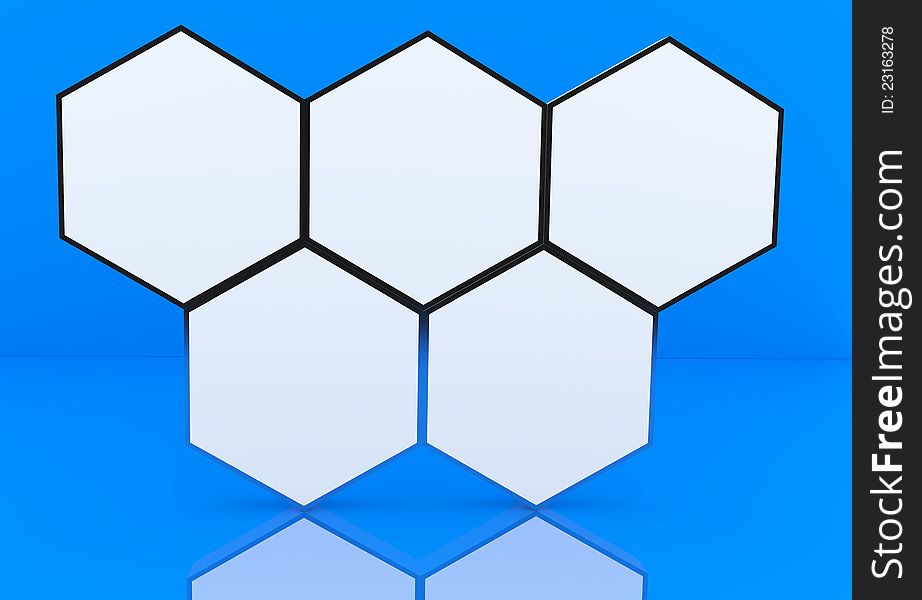 Five blank hexagon box display new design aluminum frame template for design work, on blue background.