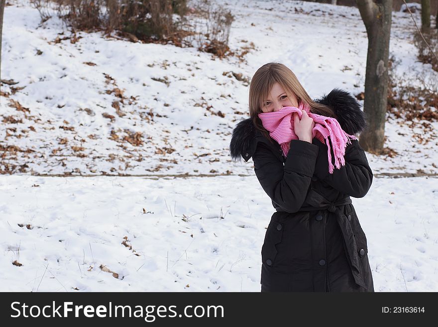 Girl in the park in winter. Girl in the park in winter