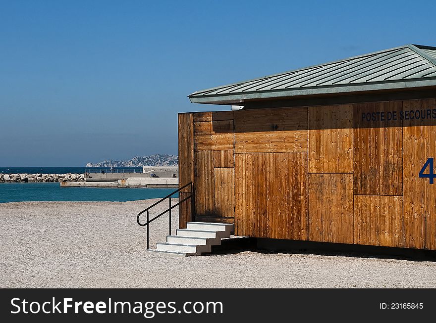 Beach aid station on a beach in France on the Mediterranean coastline.