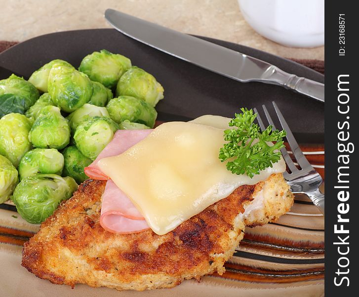 Stacked chicken cordon bleu with brussels sprouts. Stacked chicken cordon bleu with brussels sprouts