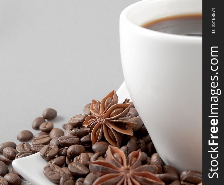 Coffee, Grains, Anise On A Grey Background