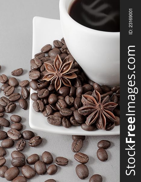 Coffee, Grains, Anise On A Grey Background