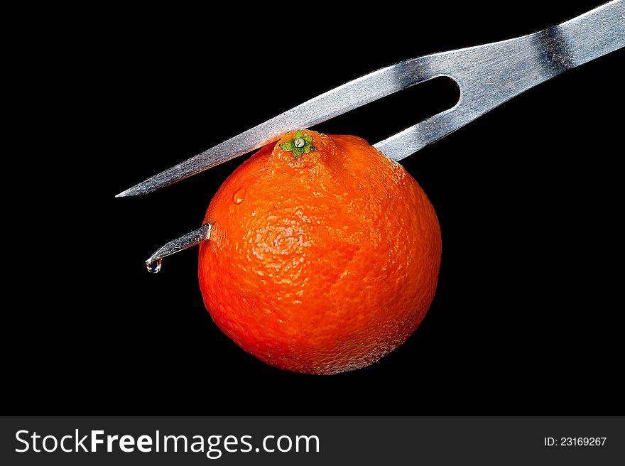 Tangerine on a plug on a black background