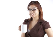 Hispanic Woman Holding A Coffee Mugg Royalty Free Stock Images