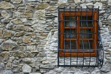 Stone Wall, Wooden Window Frame And Steel Grillage Royalty Free Stock Photo Stone Wall, Wooden Window Frame And Steel Grillage Royalty Free Stock Photo