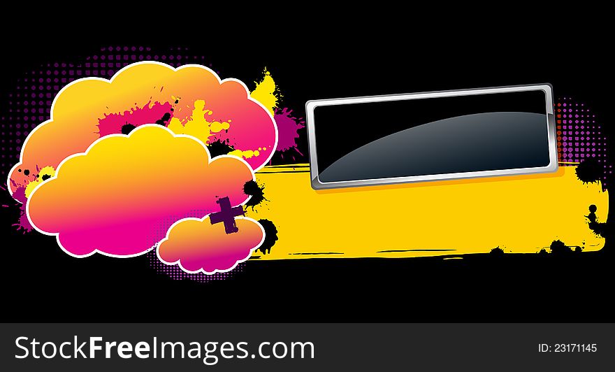 Glossy banner on colorful background with clouds and spots. Space for text. Glossy banner on colorful background with clouds and spots. Space for text