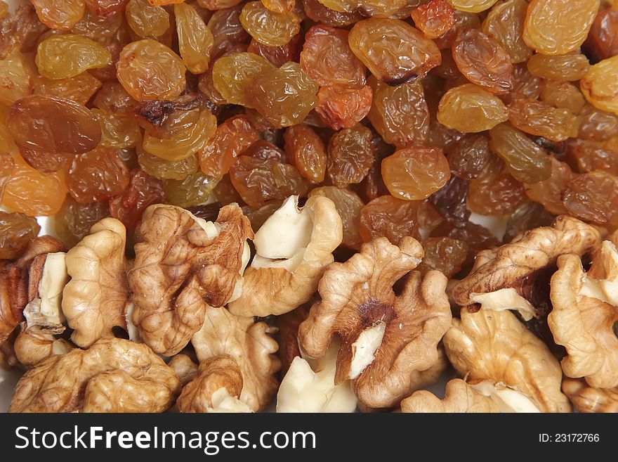A handful of raisins and shelled nuts