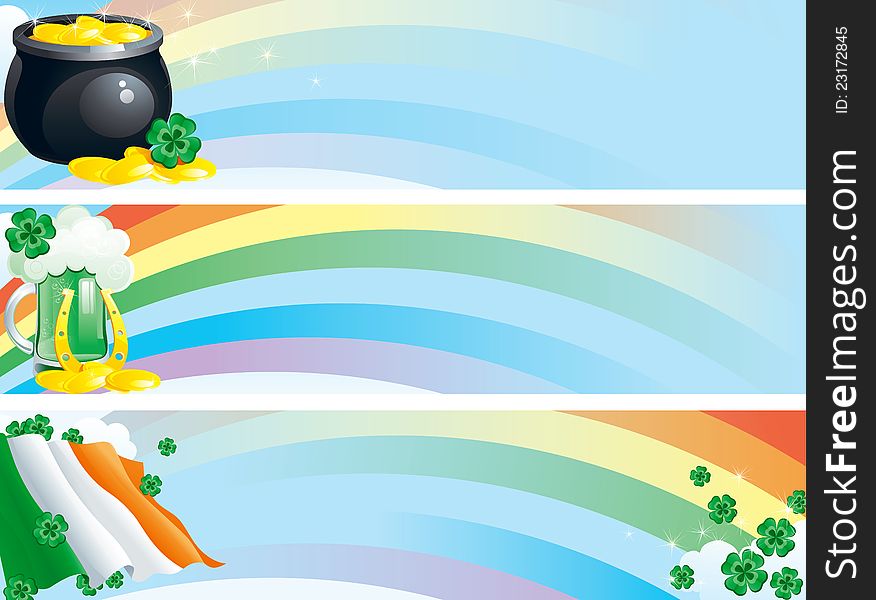 Vector Banners with green beer, clover leaves, pot of gold coins on background with rainbow for St. Patricks Day. Vector Banners with green beer, clover leaves, pot of gold coins on background with rainbow for St. Patricks Day.