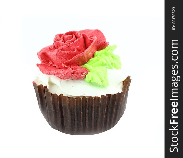 Red rose cup cake on white background. Red rose cup cake on white background