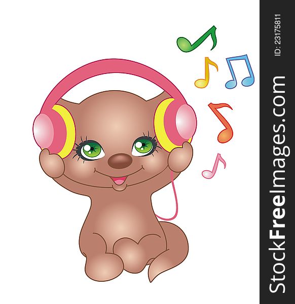 Cartoon happy kitten with headphones