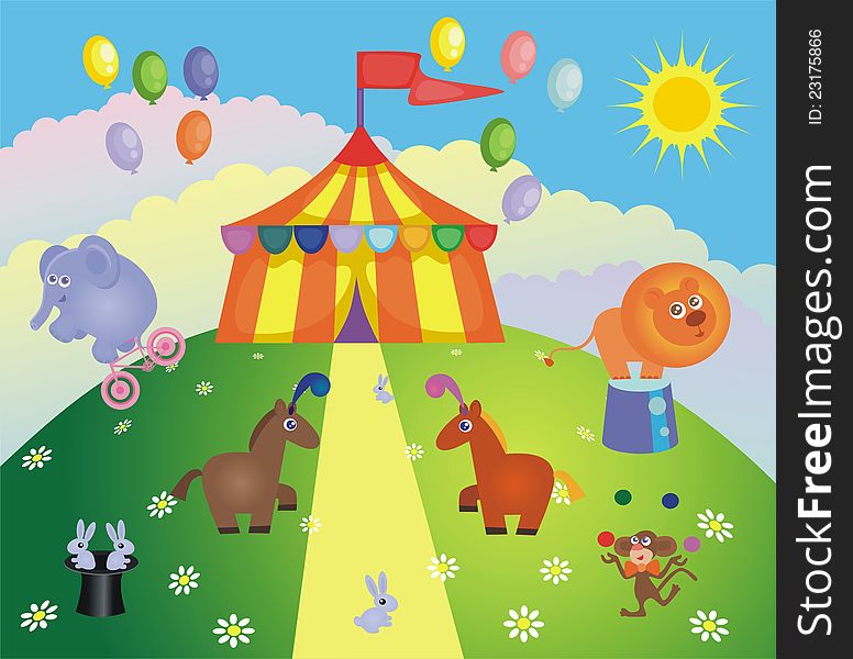 Circus tent and animals on a hill