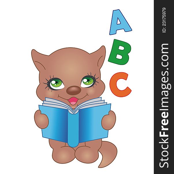 Cartoon happy kitten with book