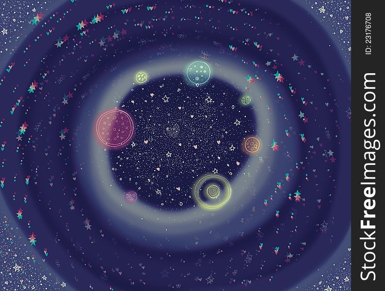 Space image. Driving of planets on a circle. Raster illustrations