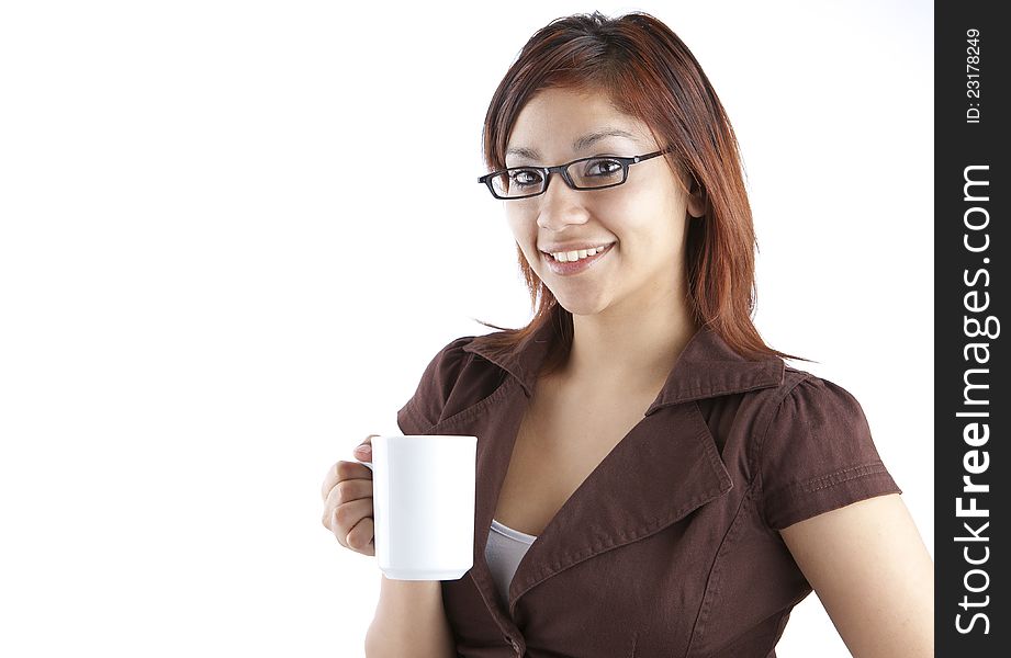 Hispanic Woman Holding a Coffee Mugg