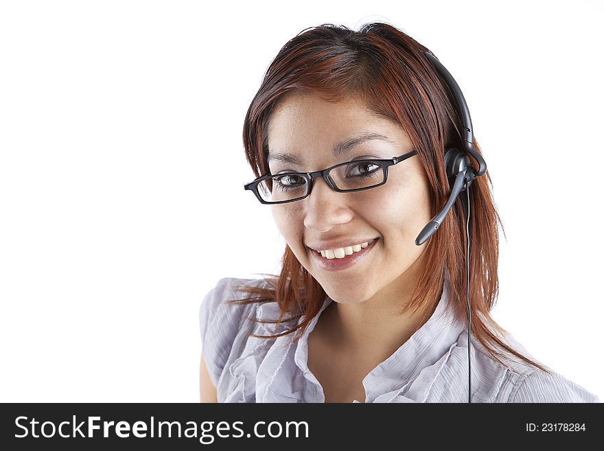 Smiling Hispanic Call Center Employee. Smiling Hispanic Call Center Employee