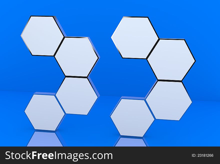 Eigth blank hexagon box display new design aluminum frame template for design work, on blue background. Eigth blank hexagon box display new design aluminum frame template for design work, on blue background.