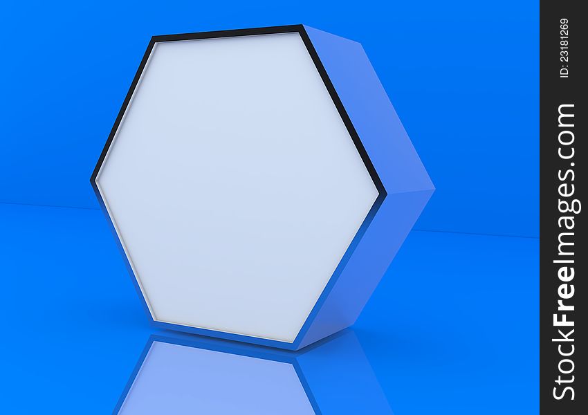 One blank hexagon box display new design aluminum frame template for design work, on blue background.