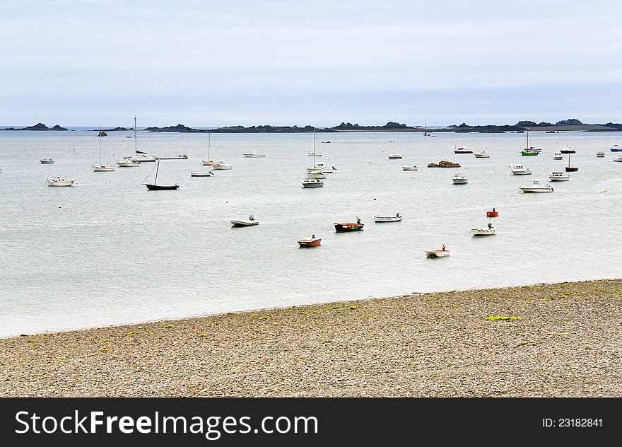 Many boat in water of English Channel in Brittany, France