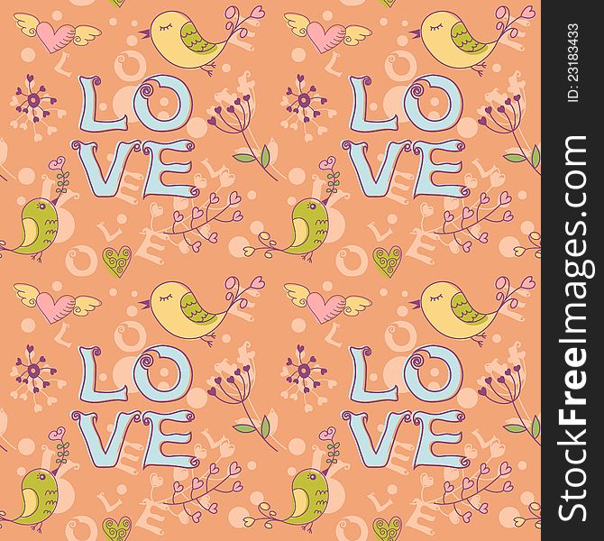 Love seamless texture with flowers and birds, endless floral pattern