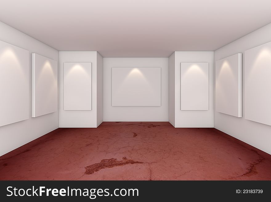 Gallery Interior Room With Grunge Red Concrete Floor