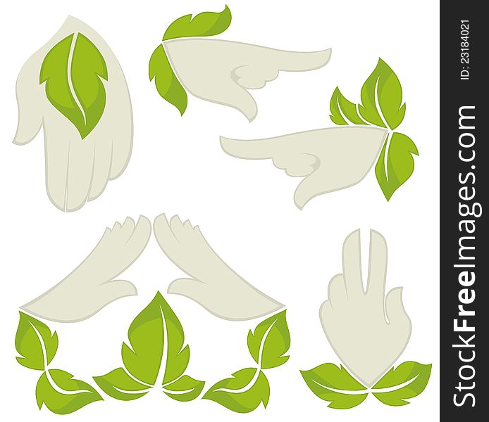 Symbols of human&#x27;s hands and green leaves