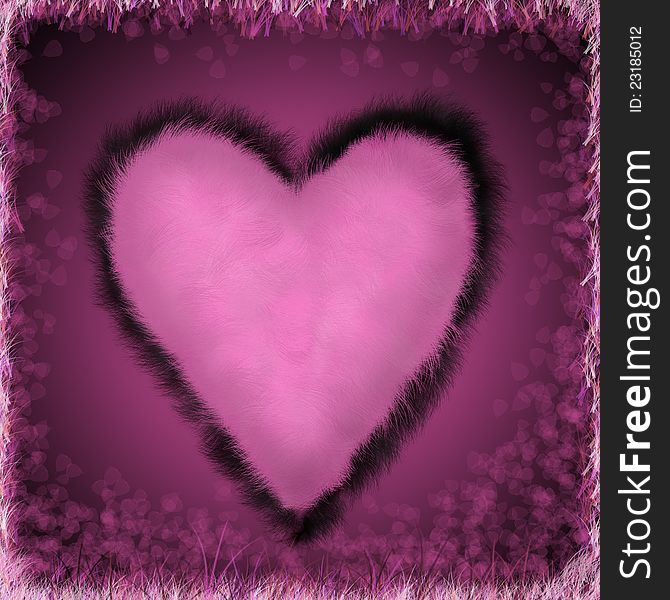 Graphic illustration of furry pink heart against a pink to black graduated background.