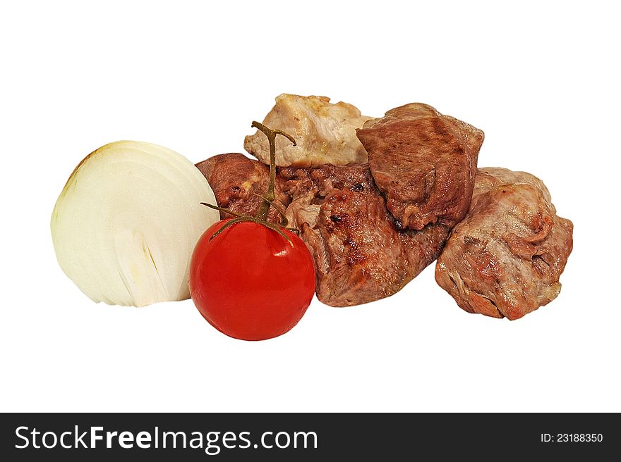 Roasted meat,tomato and onion isolated on white background. Roasted meat,tomato and onion isolated on white background.