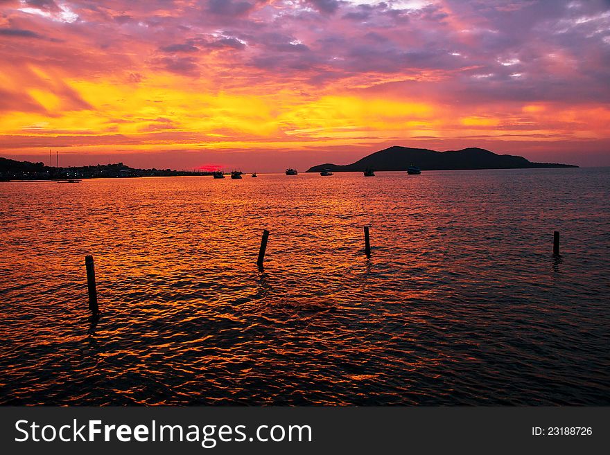 Beauty landscape with sunrise over sea in samaesan island, thailand