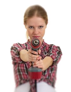 Young Cheerful Woman With Cordless Drill Stock Photo Young Cheerful Woman With Cordless Drill Stock Photo