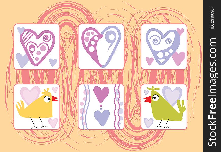 Romantic card with hearts and birds in love. Romantic card with hearts and birds in love