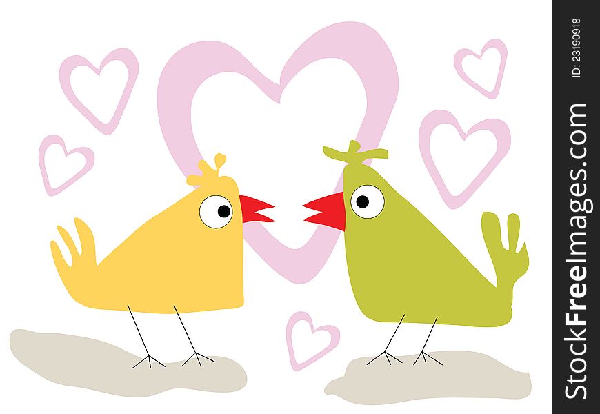 Birds in love with pink hearts