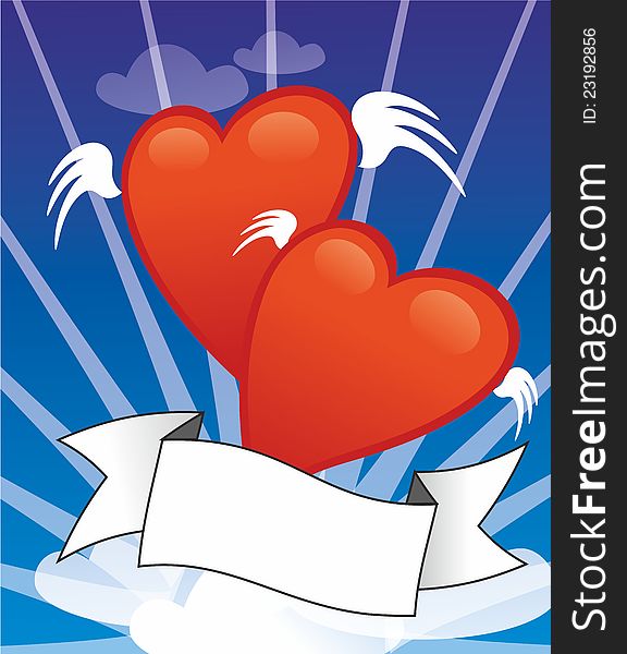 Two hearts with small wings with blue backround and sheet for a message. Two hearts with small wings with blue backround and sheet for a message