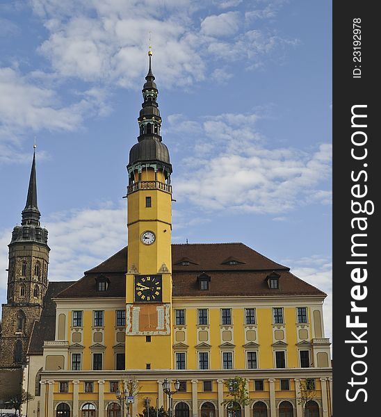 The old town of Bautzen in the federal state of Saxony in Germany is famous for its medieval buildings. The old town hall and the church behind it are situated next to the market square. The old town of Bautzen in the federal state of Saxony in Germany is famous for its medieval buildings. The old town hall and the church behind it are situated next to the market square.