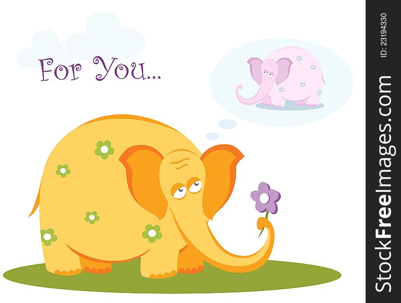 Vector illustration of funny cartoon elephant in love