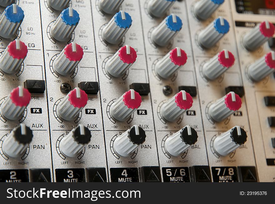 Recording Studio, live sound, Close up of audio mixer. Performance. Music Production.