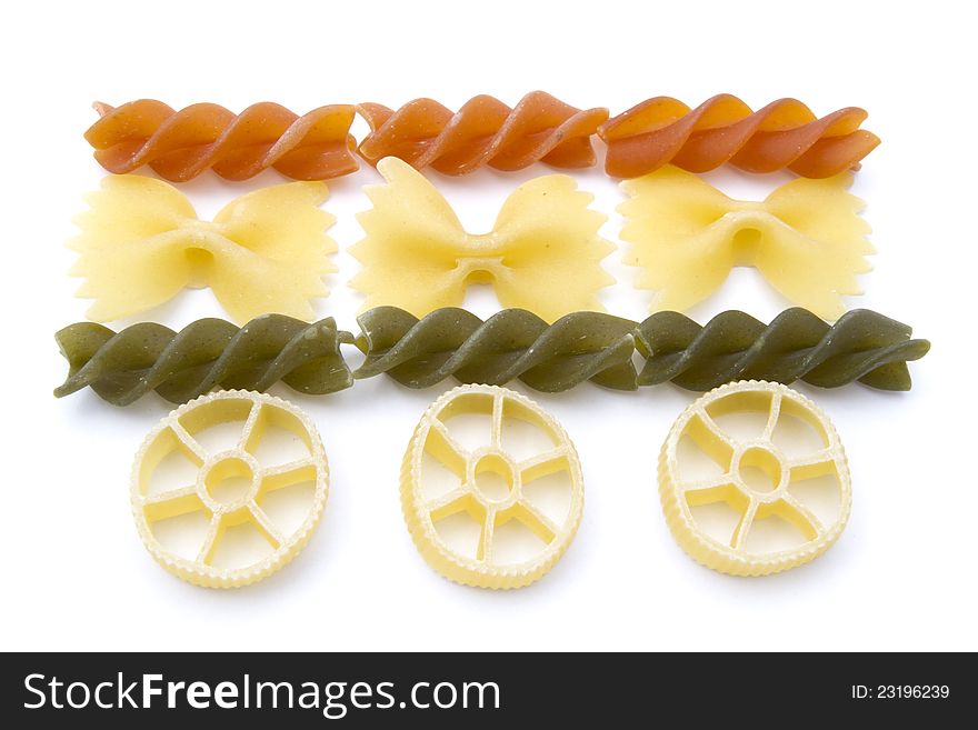 Colorful pasta closeup on white background