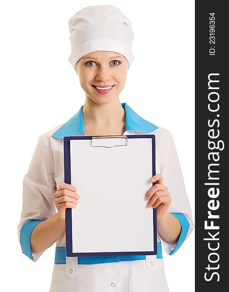 Nurse with an advertising tablet on a white background