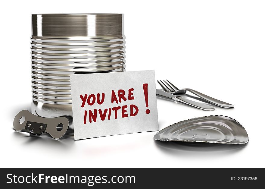 You are invited written on a card with tin can, lid, fork, knife and can opener over white background