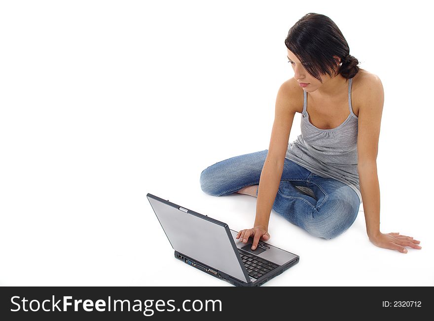 Woman with laptop over white background